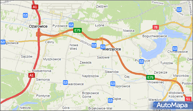 mapa Sadowie gmina Mierzęcice, Sadowie gmina Mierzęcice na mapie Targeo