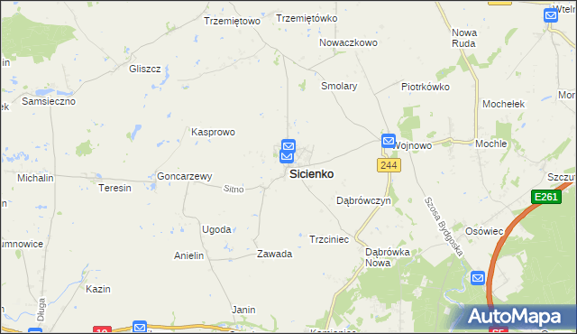 mapa Sicienko powiat bydgoski, Sicienko powiat bydgoski na mapie Targeo