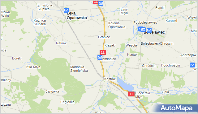 mapa Siemianice gmina Łęka Opatowska, Siemianice gmina Łęka Opatowska na mapie Targeo