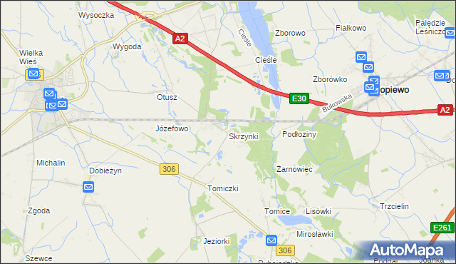 mapa Skrzynki gmina Stęszew, Skrzynki gmina Stęszew na mapie Targeo