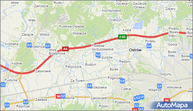 mapa Skrzyszów gmina Ostrów, Skrzyszów gmina Ostrów na mapie Targeo