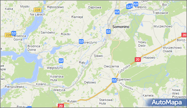 mapa Sławki gmina Somonino, Sławki gmina Somonino na mapie Targeo
