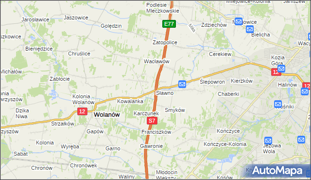 mapa Sławno gmina Wolanów, Sławno gmina Wolanów na mapie Targeo