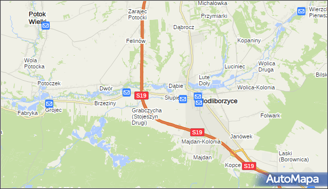 mapa Słupie gmina Modliborzyce, Słupie gmina Modliborzyce na mapie Targeo