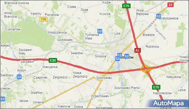 mapa Smolice gmina Stryków, Smolice gmina Stryków na mapie Targeo