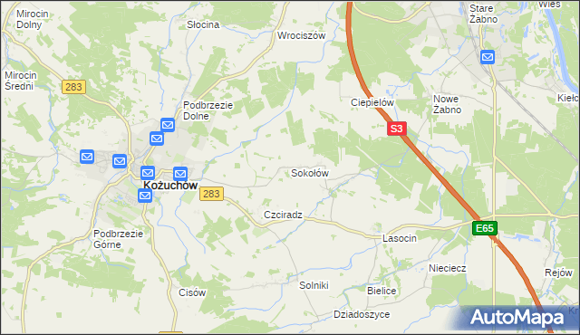 mapa Sokołów gmina Kożuchów, Sokołów gmina Kożuchów na mapie Targeo