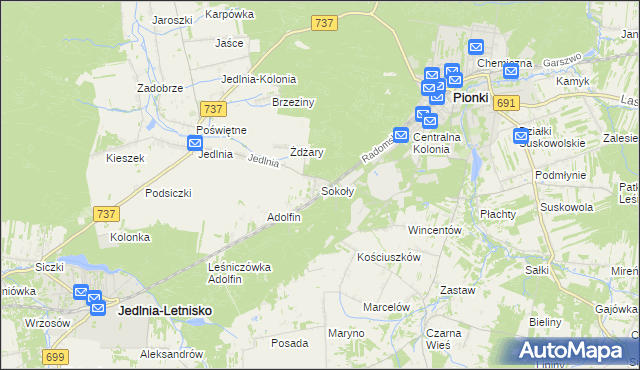 mapa Sokoły gmina Pionki, Sokoły gmina Pionki na mapie Targeo