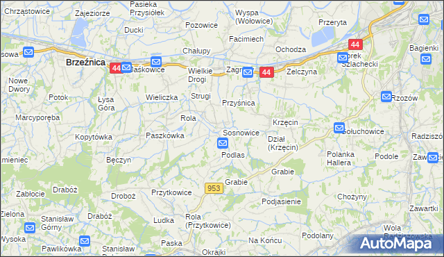 mapa Sosnowice gmina Brzeźnica, Sosnowice gmina Brzeźnica na mapie Targeo