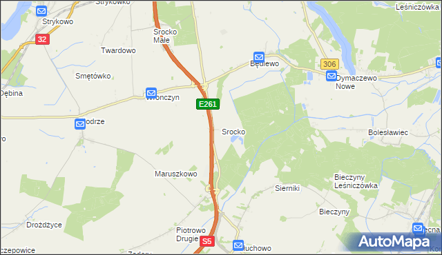 mapa Srocko gmina Stęszew, Srocko gmina Stęszew na mapie Targeo
