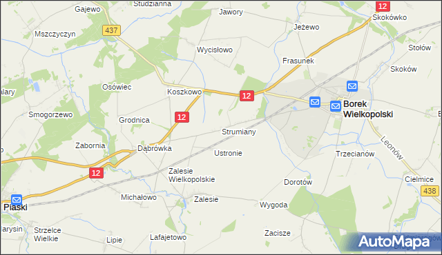 mapa Strumiany gmina Borek Wielkopolski, Strumiany gmina Borek Wielkopolski na mapie Targeo