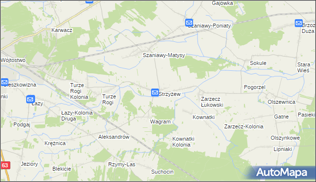 mapa Strzyżew gmina Łuków, Strzyżew gmina Łuków na mapie Targeo