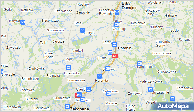 mapa Suche gmina Poronin, Suche gmina Poronin na mapie Targeo