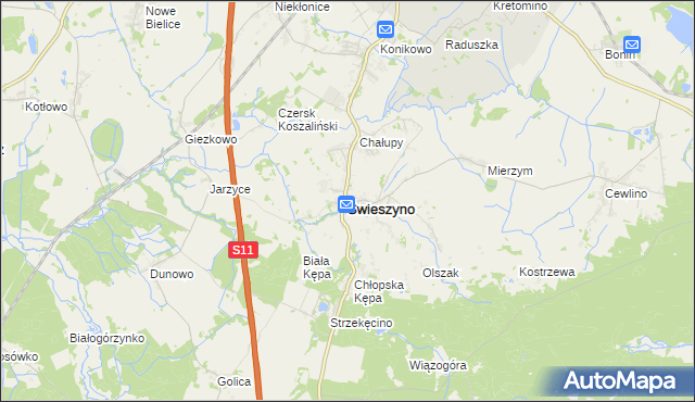 mapa Świeszyno powiat koszaliński, Świeszyno powiat koszaliński na mapie Targeo