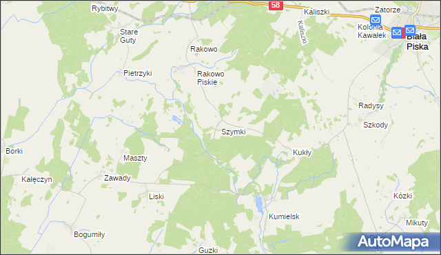mapa Szymki gmina Biała Piska, Szymki gmina Biała Piska na mapie Targeo