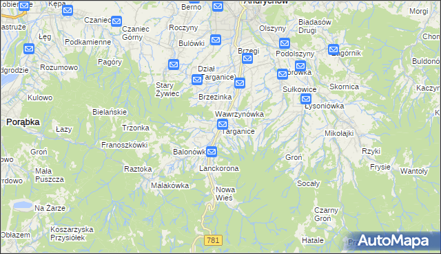 mapa Targanice, Targanice na mapie Targeo