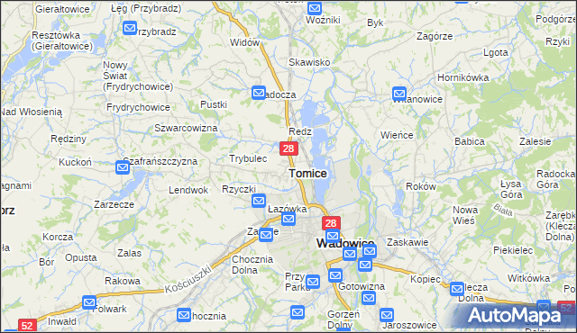 mapa Tomice powiat wadowicki, Tomice powiat wadowicki na mapie Targeo