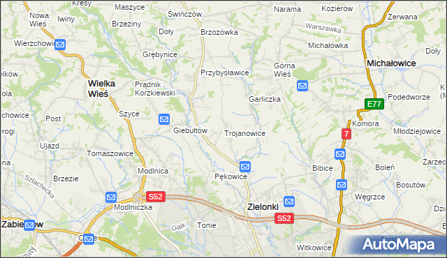 mapa Trojanowice gmina Zielonki, Trojanowice gmina Zielonki na mapie Targeo