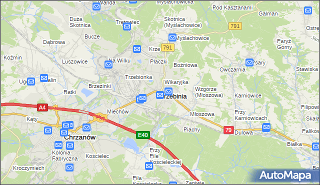 mapa Trzebinia powiat chrzanowski, Trzebinia powiat chrzanowski na mapie Targeo