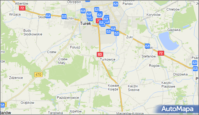 mapa Turkowice gmina Turek, Turkowice gmina Turek na mapie Targeo