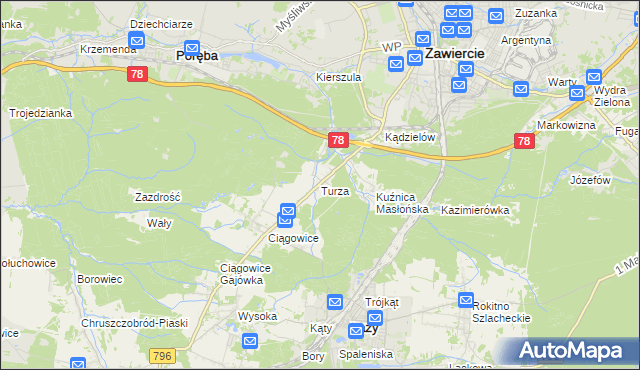 mapa Turza gmina Łazy, Turza gmina Łazy na mapie Targeo