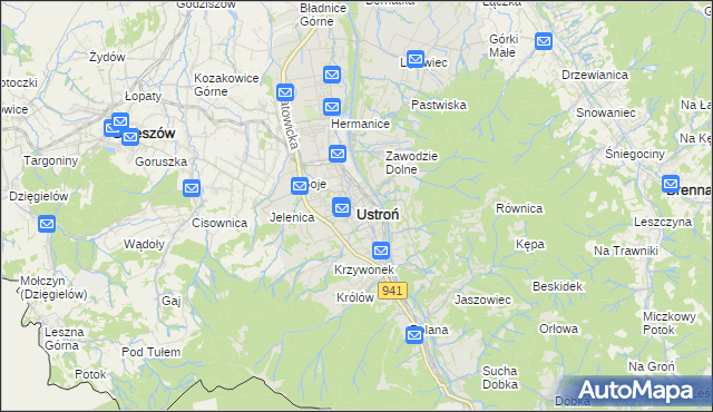 mapa Ustroń powiat cieszyński, Ustroń powiat cieszyński na mapie Targeo