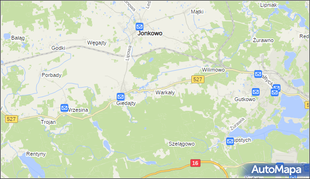 mapa Warkały gmina Jonkowo, Warkały gmina Jonkowo na mapie Targeo