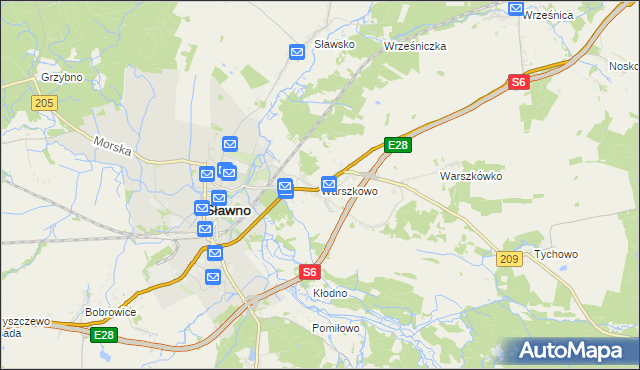 mapa Warszkowo gmina Sławno, Warszkowo gmina Sławno na mapie Targeo