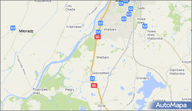 mapa Wielbark gmina Malbork, Wielbark gmina Malbork na mapie Targeo
