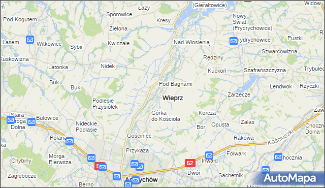 mapa Wieprz powiat wadowicki, Wieprz powiat wadowicki na mapie Targeo
