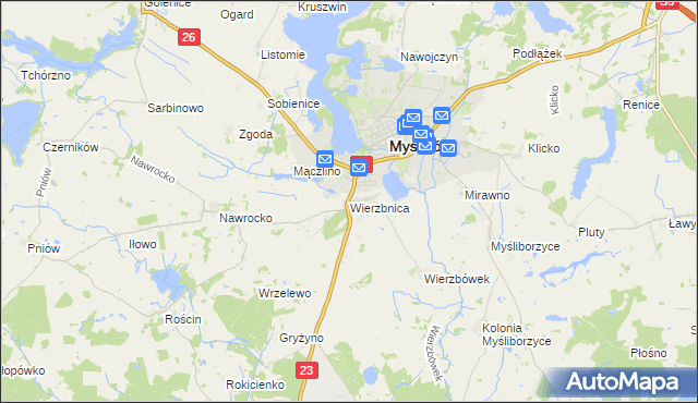 mapa Wierzbnica gmina Myślibórz, Wierzbnica gmina Myślibórz na mapie Targeo