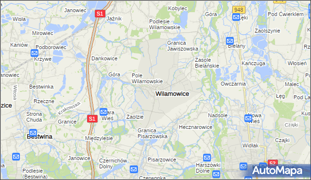 mapa Wilamowice powiat bielski, Wilamowice powiat bielski na mapie Targeo