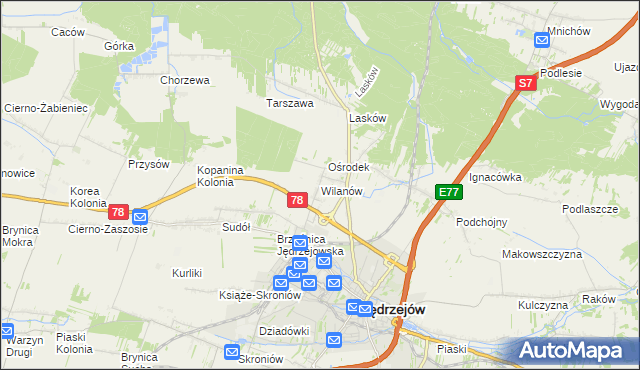 mapa Wilanów gmina Jędrzejów, Wilanów gmina Jędrzejów na mapie Targeo