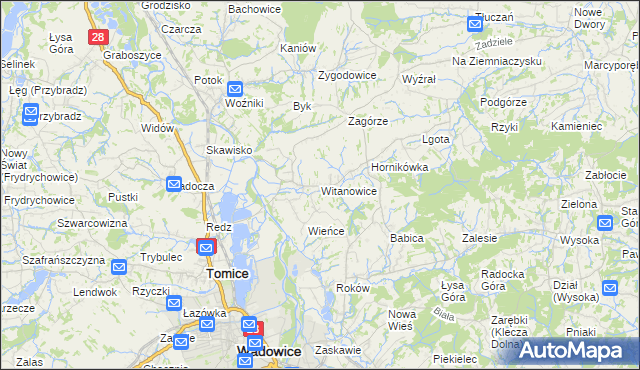 mapa Witanowice gmina Tomice, Witanowice gmina Tomice na mapie Targeo