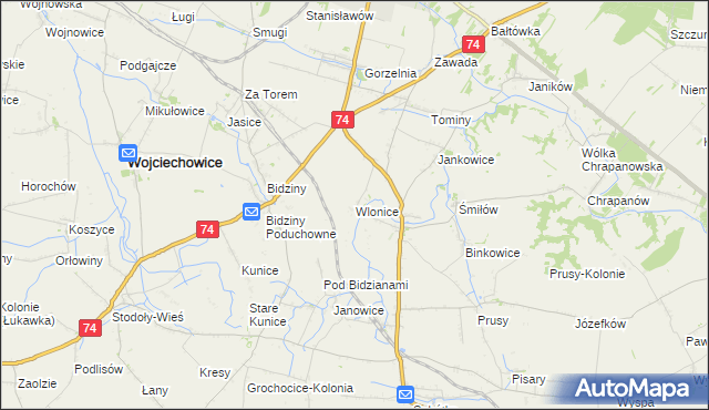 mapa Wlonice gmina Wojciechowice, Wlonice gmina Wojciechowice na mapie Targeo