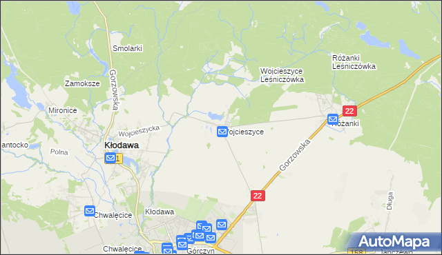 mapa Wojcieszyce gmina Kłodawa, Wojcieszyce gmina Kłodawa na mapie Targeo