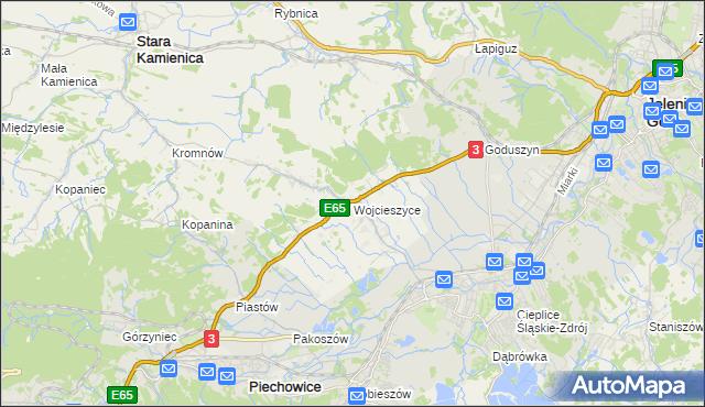 mapa Wojcieszyce gmina Stara Kamienica, Wojcieszyce gmina Stara Kamienica na mapie Targeo