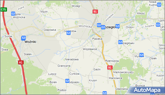 mapa Wojsławice gmina Koziegłowy, Wojsławice gmina Koziegłowy na mapie Targeo