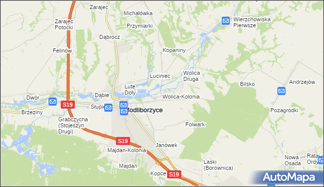 mapa Wolica-Kolonia gmina Modliborzyce, Wolica-Kolonia gmina Modliborzyce na mapie Targeo