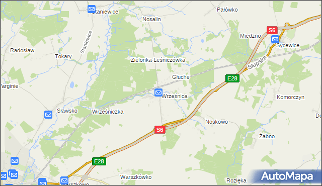 mapa Wrześnica gmina Sławno, Wrześnica gmina Sławno na mapie Targeo