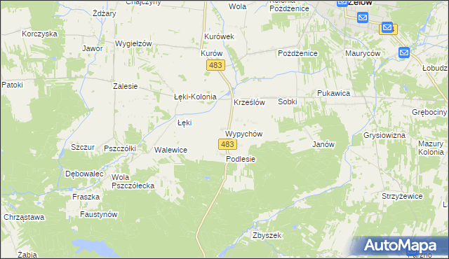 mapa Wypychów gmina Zelów, Wypychów gmina Zelów na mapie Targeo