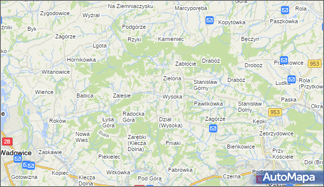 mapa Wysoka gmina Wadowice, Wysoka gmina Wadowice na mapie Targeo