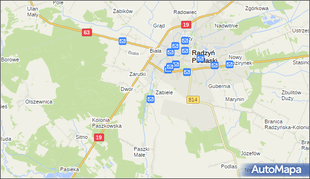 mapa Zabiele gmina Radzyń Podlaski, Zabiele gmina Radzyń Podlaski na mapie Targeo