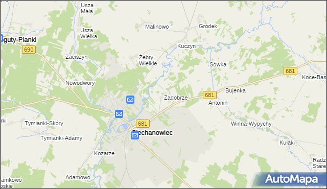 mapa Zadobrze gmina Ciechanowiec, Zadobrze gmina Ciechanowiec na mapie Targeo