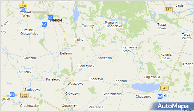 mapa Zakrzewo gmina Wielgie, Zakrzewo gmina Wielgie na mapie Targeo