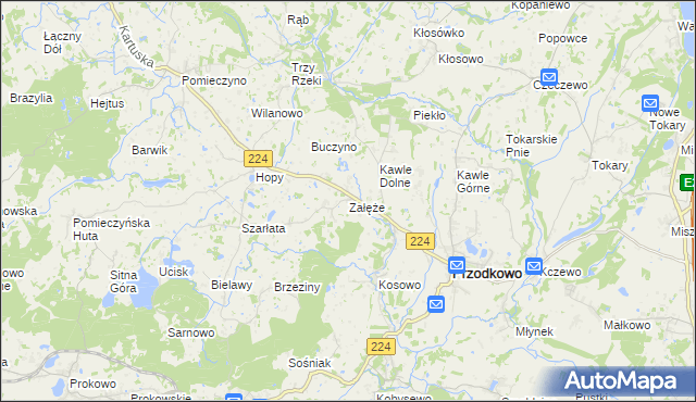 mapa Załęże gmina Przodkowo, Załęże gmina Przodkowo na mapie Targeo