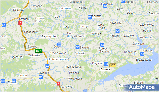 mapa Zawada gmina Myślenice, Zawada gmina Myślenice na mapie Targeo