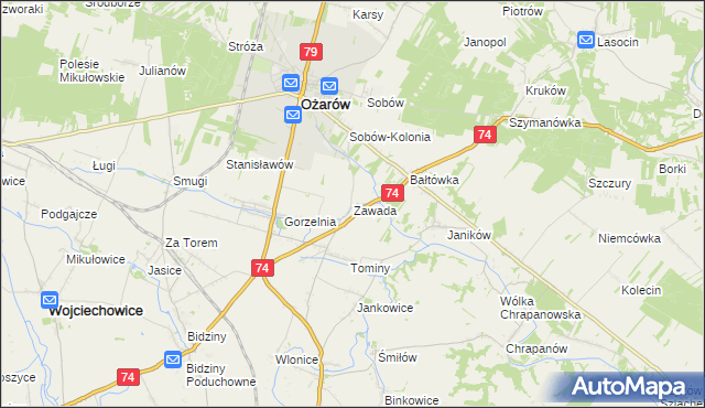 mapa Zawada gmina Ożarów, Zawada gmina Ożarów na mapie Targeo