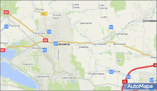 mapa Zawada gmina Zbrosławice, Zawada gmina Zbrosławice na mapie Targeo
