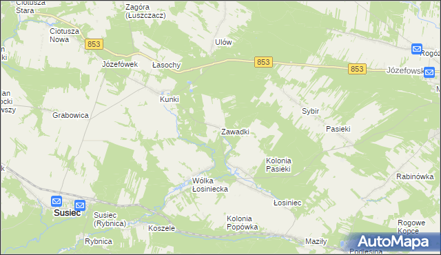 mapa Zawadki gmina Susiec, Zawadki gmina Susiec na mapie Targeo
