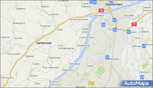 mapa Zawierzbie gmina Samborzec, Zawierzbie gmina Samborzec na mapie Targeo